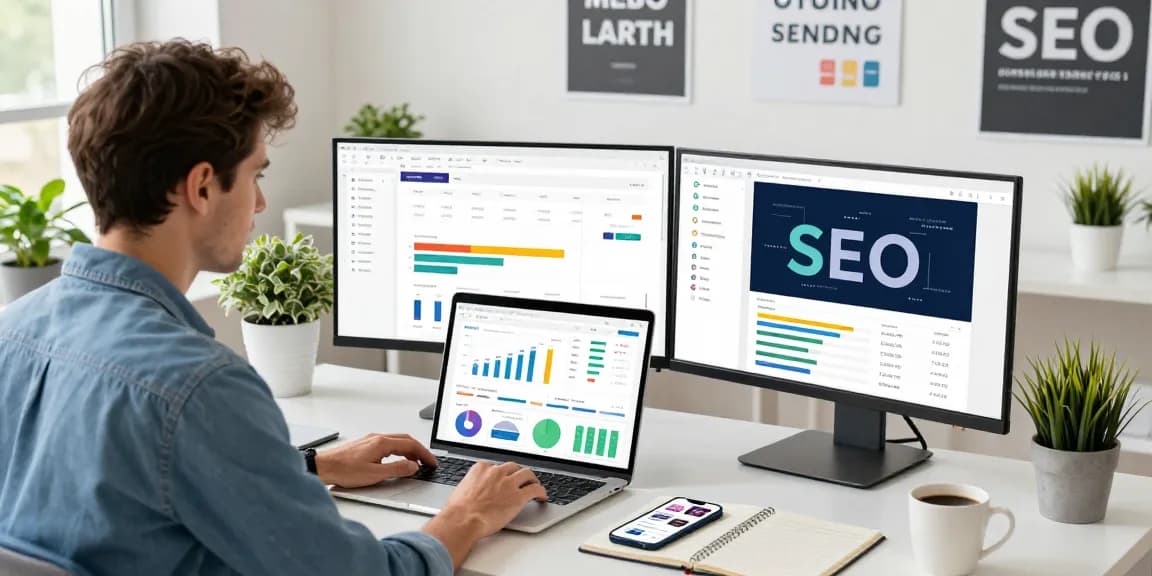 PBN links for sale analysis in a modern marketing workspace showing SEO tools and data analytics.
