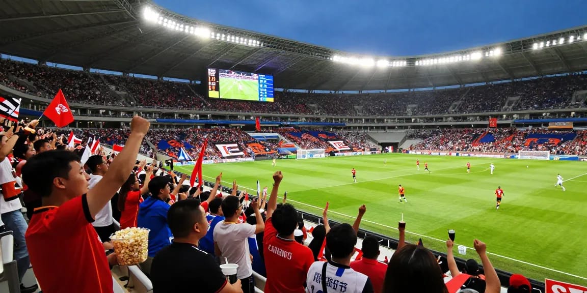 Fans celebrating مباريات اليوم during a live football match in a stadium filled with excitement.