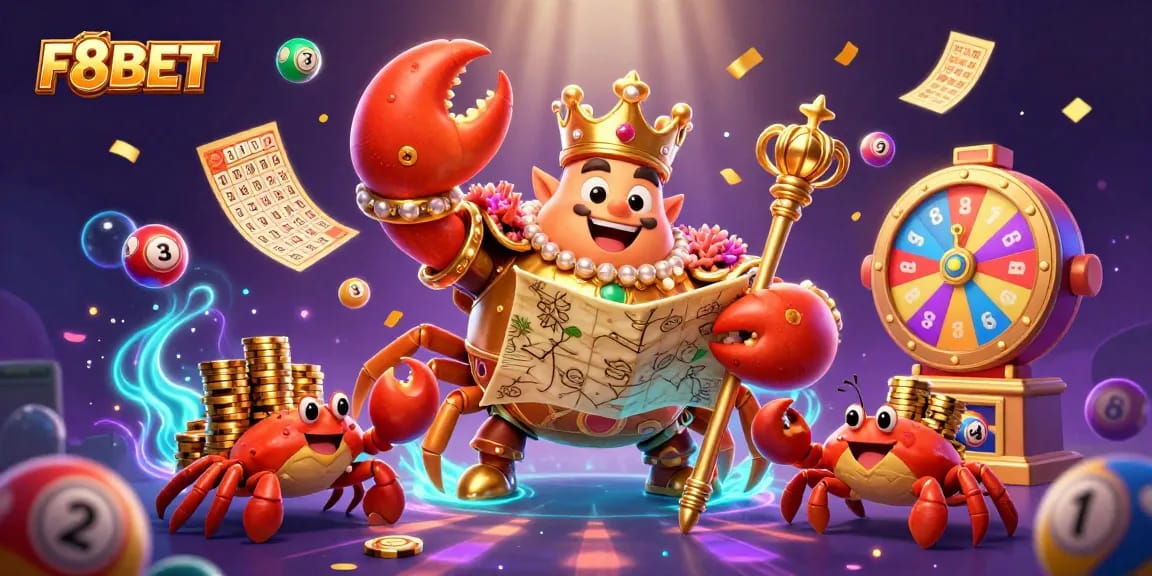 Experience exhilarating games at F8BET with colorful lottery elements and a majestic crab emperor in this dynamic 3D illustration.