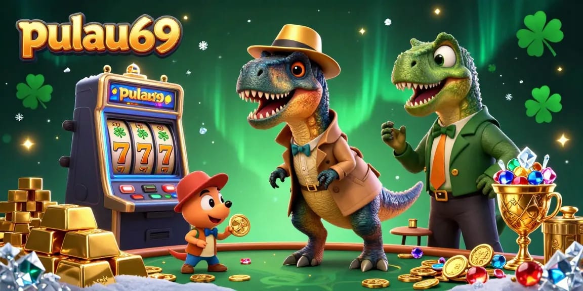 Pulau69 slot machine scene with a velociraptor card counter, a stegosaurus pit boss, and a compy pickpocket grabbing chips.