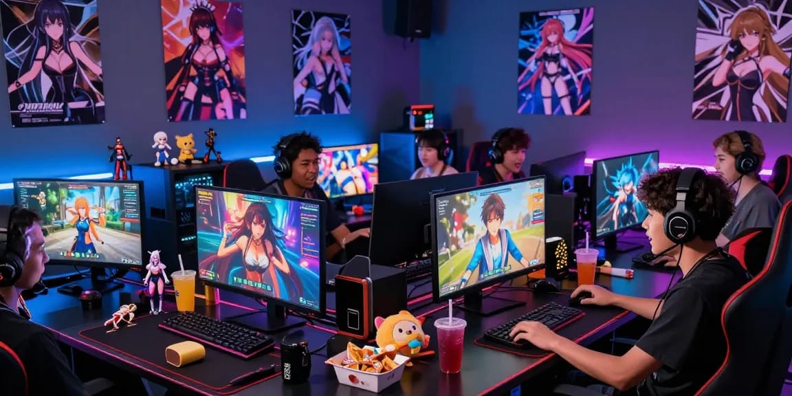 Players engaged in immersive hentai games in a colorful gaming setup.