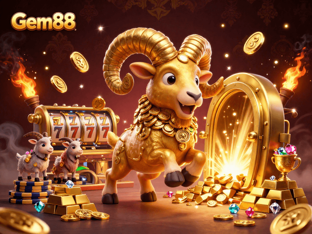 Engage with Gem88’s thrilling slot adventure featuring a charging golden ram amidst treasures and vibrant gaming elements.