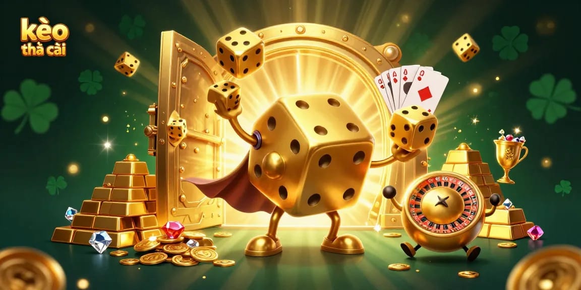 Engage in excitement with kèo nhà cái featuring a vibrant casino scene of golden dice and treasure.