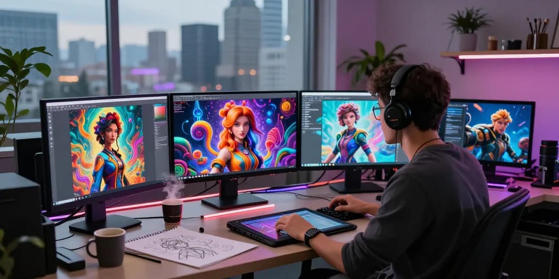 Creative workspace for NSFW AI art generation featuring vibrant digital displays, innovative atmosphere, and artist at work.