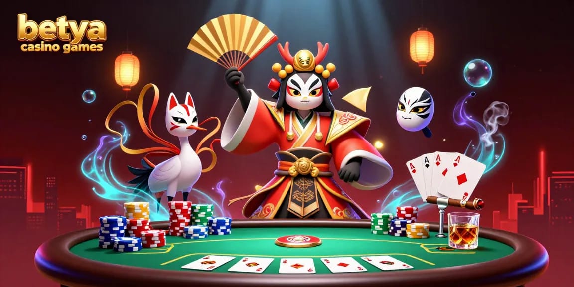 Engage with betya casino games in this vibrant 3D illustration showcasing a kabuki warrior amidst poker elements.