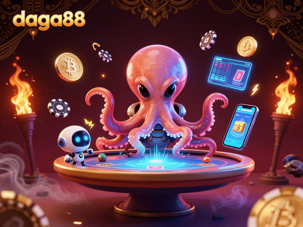 Experience gameplay excitement at daga88 with an alien octopus dealer at a holographic poker table.