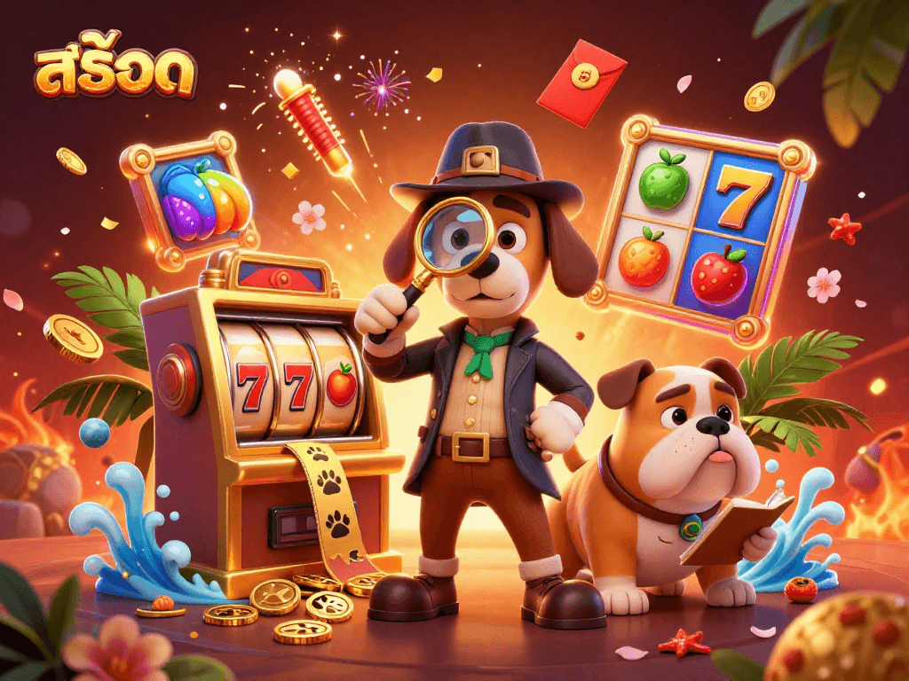 Engaging illustration of a detective bloodhound examining a golden slot machine clue, surrounded by vibrant casino elements, perfect for สล็อต enthusiasts.