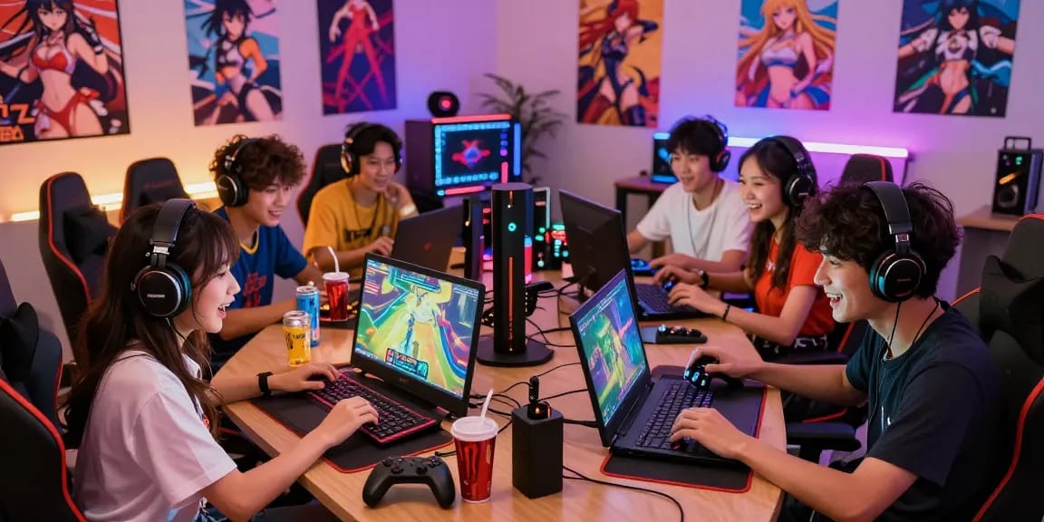 Players immersed in exciting hentai games, enjoying vibrant gaming environment.