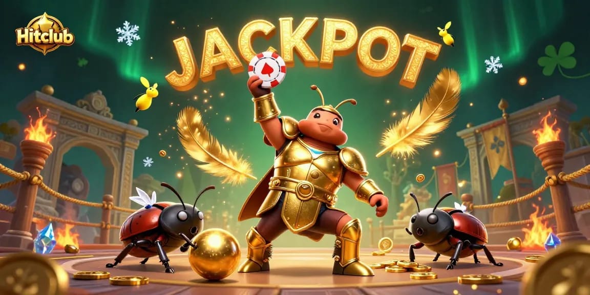 A victorious beetle lifts a poker chip at Hitclub in a vibrant casino scene filled with golden tokens.