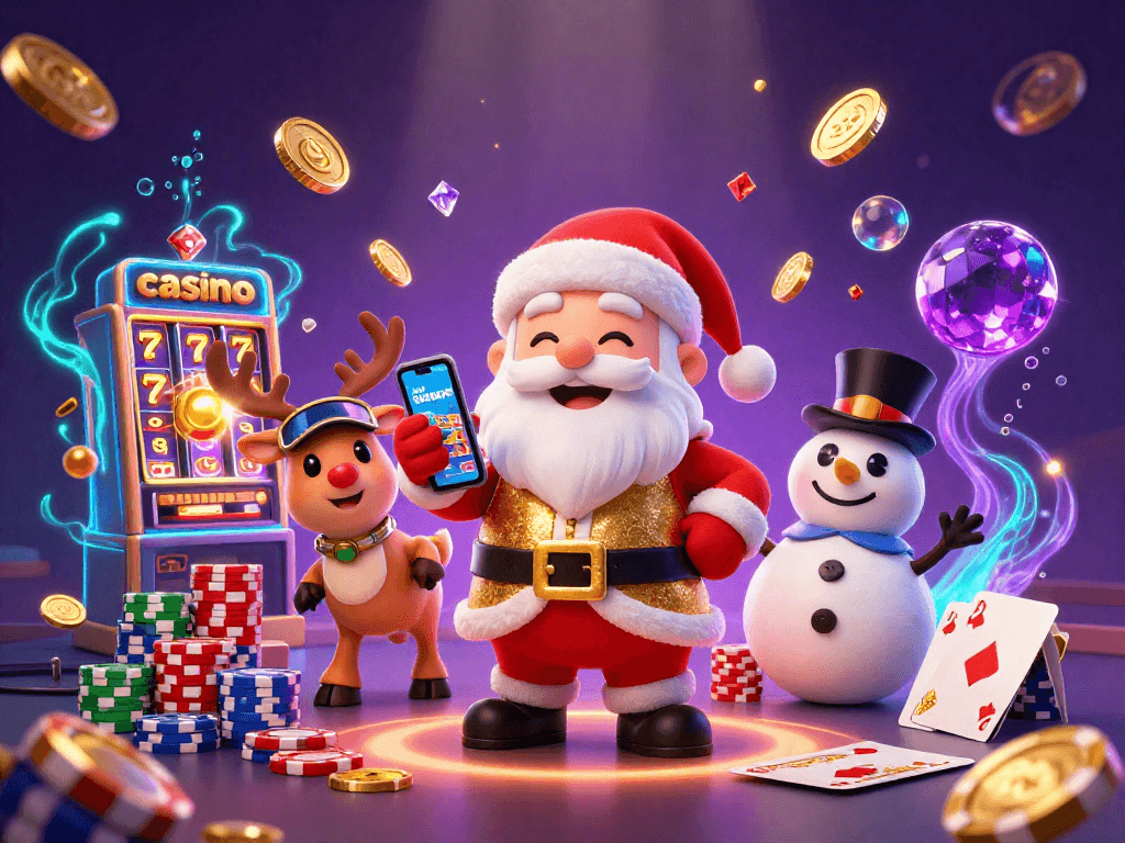 Experience the thrill of the casino with Santa and friends celebrating jackpot slots.