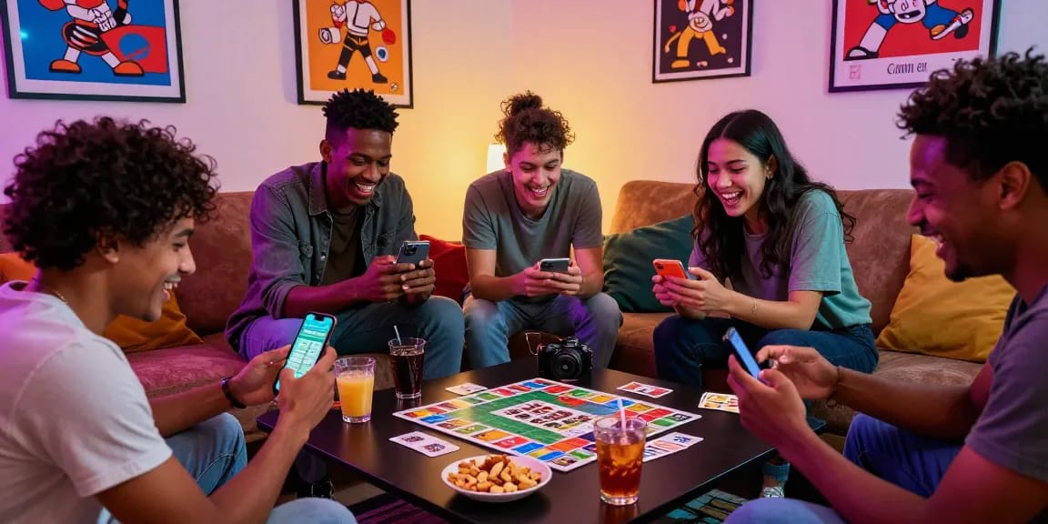 play rummy with friends in a lively living room setting, showcasing joyful expressions and vibrant atmosphere