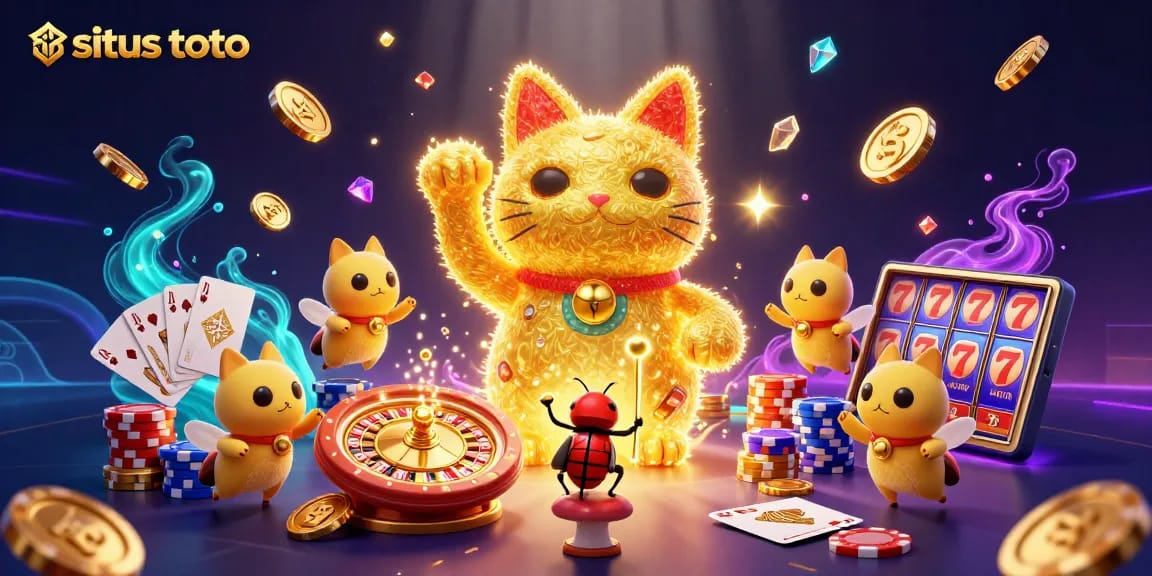 Experience situs toto as vibrant fireflies form a lucky cat amidst casino symbols.