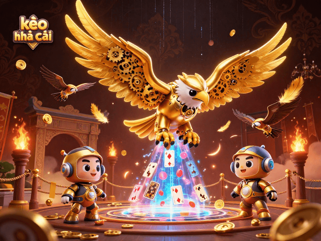 Experience kèo nhà cái with a dynamic scene of a cybernetic eagle amidst holographic cards and gold tokens.