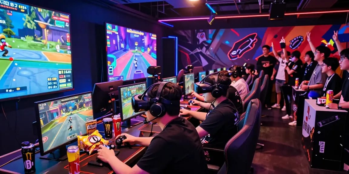 Kompetisi terjun4D di arena esports dengan pemain muda, headset VR, dan grafik menarik.