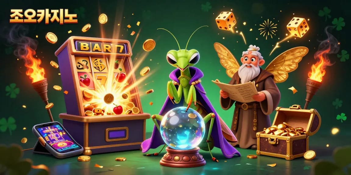 Experience the magic of 조이카지노 with vibrant slot games and fortune moments in a lively casino illustration.