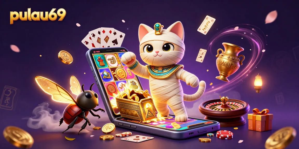 Join the excitement with pulau69's vibrant 3D casino scene featuring dynamic characters and glowing game elements.