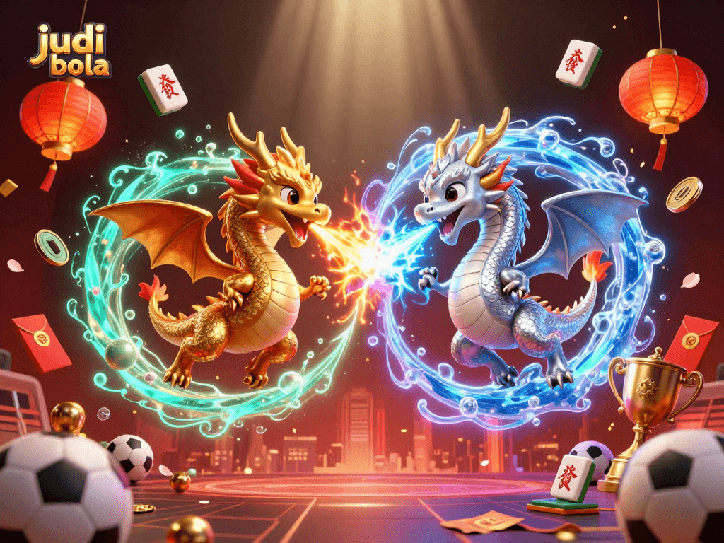 Engage in judi bola with dynamic sports elements alongside intertwined dragons and vibrant casino symbols.