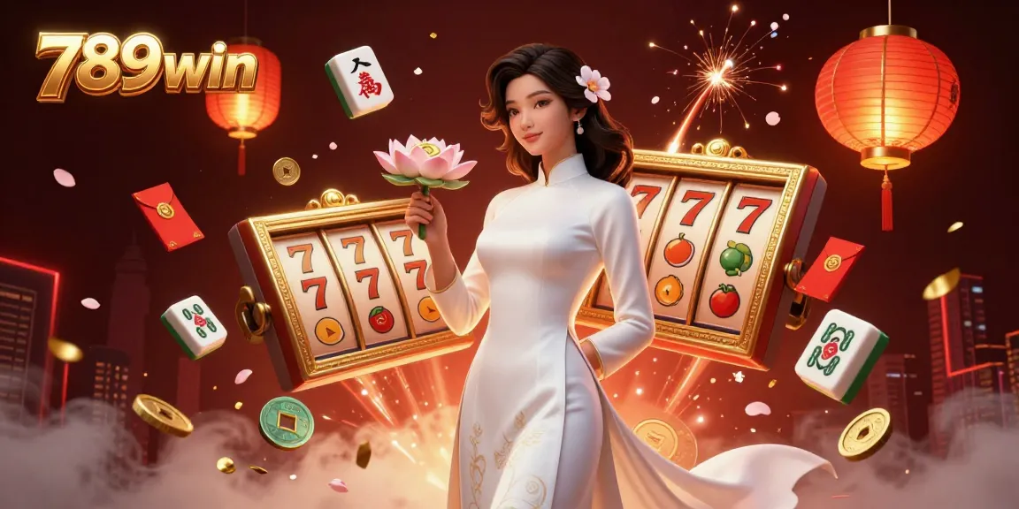 Experience the excitement of 789win casino with a dynamic scene featuring a graceful woman and captivating game elements.