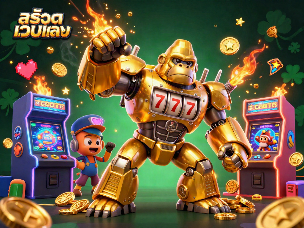 Engage with สล็อตเว็บตรง through a dynamic scene featuring a golden gorilla mech and vibrant gaming elements.