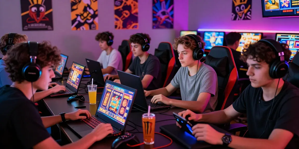 Pengguna bermain situs slot dengan fokus di lounge permainan yang cerah dan energetik.