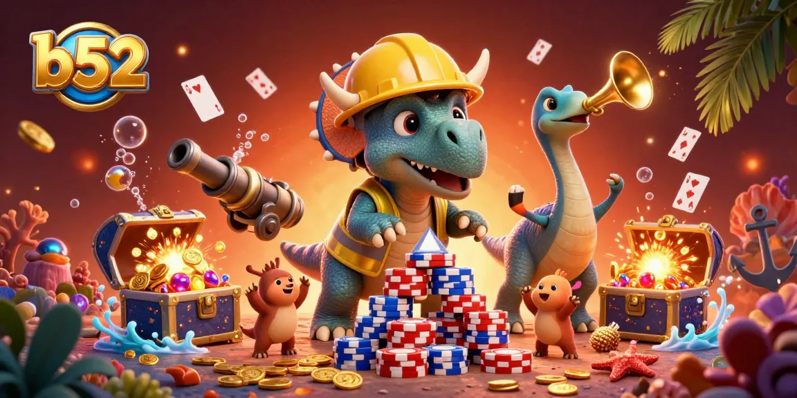 Engage with b52's excitement as characters celebrate a vibrant casino atmosphere filled with colorful poker chips and treasures.