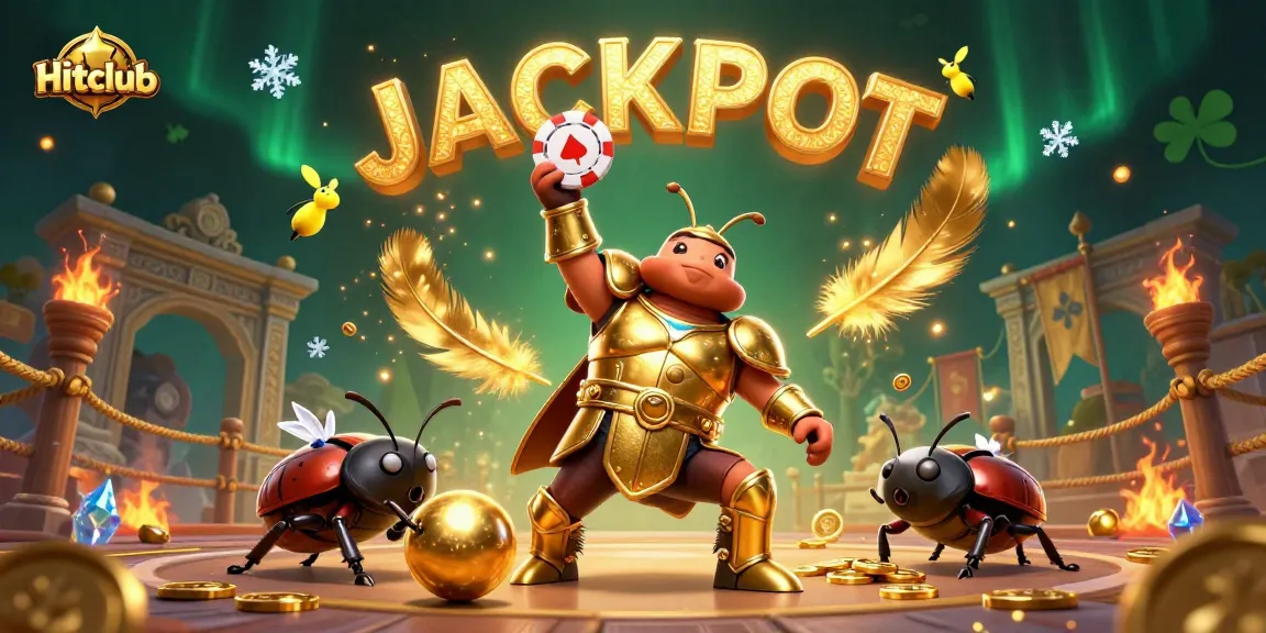 A victorious beetle lifts a poker chip at Hitclub in a vibrant casino scene filled with golden tokens.