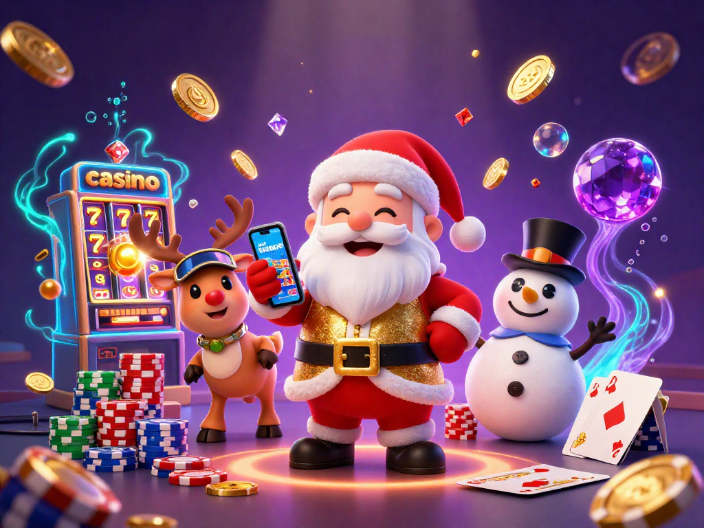 Experience the thrill of the casino with Santa and friends celebrating jackpot slots.