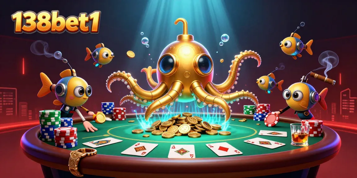Experience the thrill of 138bet1 as the golden kraken surfaces in a sea of coins with poker excitement.