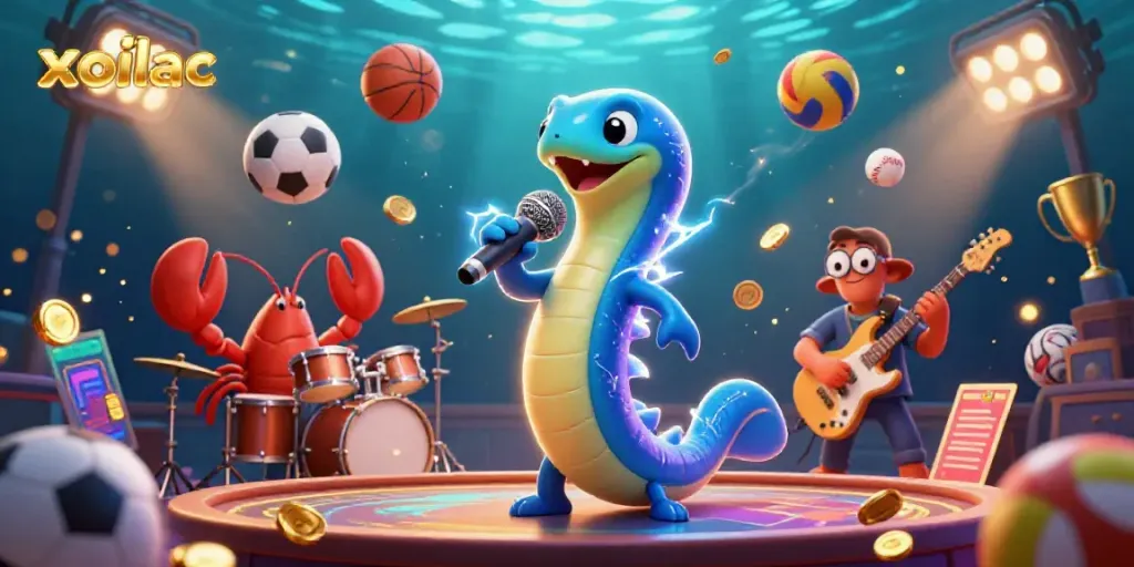 Xoilac-themed underwater casino scene featuring a 3D electric eel DJ, lobster drummer, and seahorse guitarist performing.