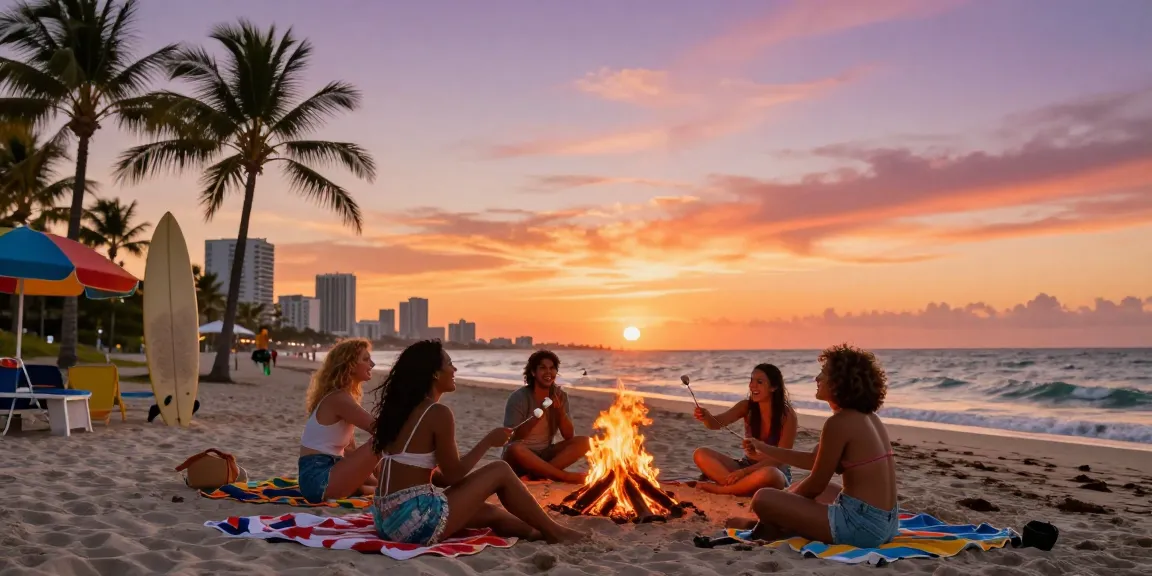 Teman-teman menikmati suasana pantai Miami di https://miami4d.com/ dengan api unggun saat matahari terbenam.