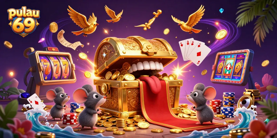 Pulau 69 showcases a vibrant casino scene filled with adventurous characters and slot machines, celebrating gaming excitement.