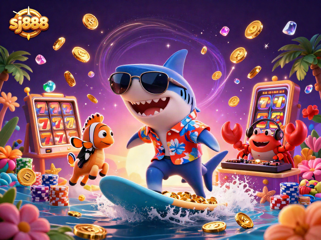 SJ888 delivers thrilling gaming action with vibrant characters, slot reels, and gold coins.