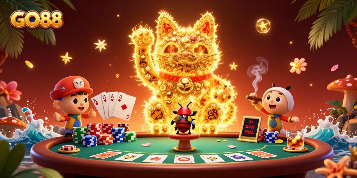 Engage with GO88 and experience vibrant gaming action featuring a lucky cat and dynamic casino elements.