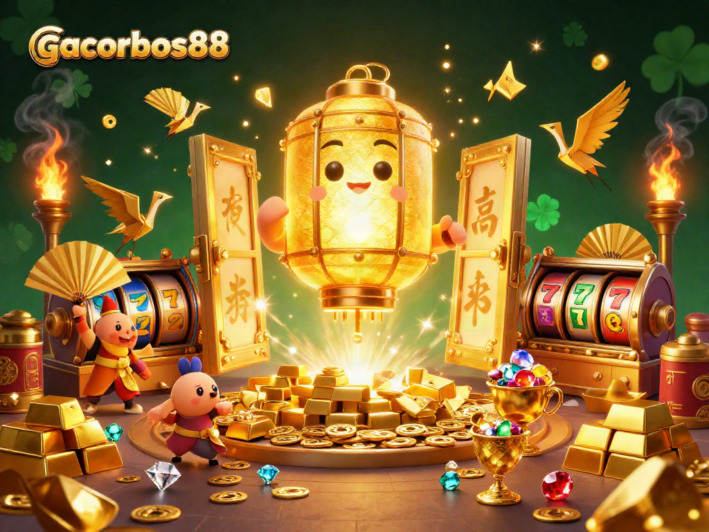 Join the excitement with gacorbos88, showcasing vibrant slot reels and glowing treasures.