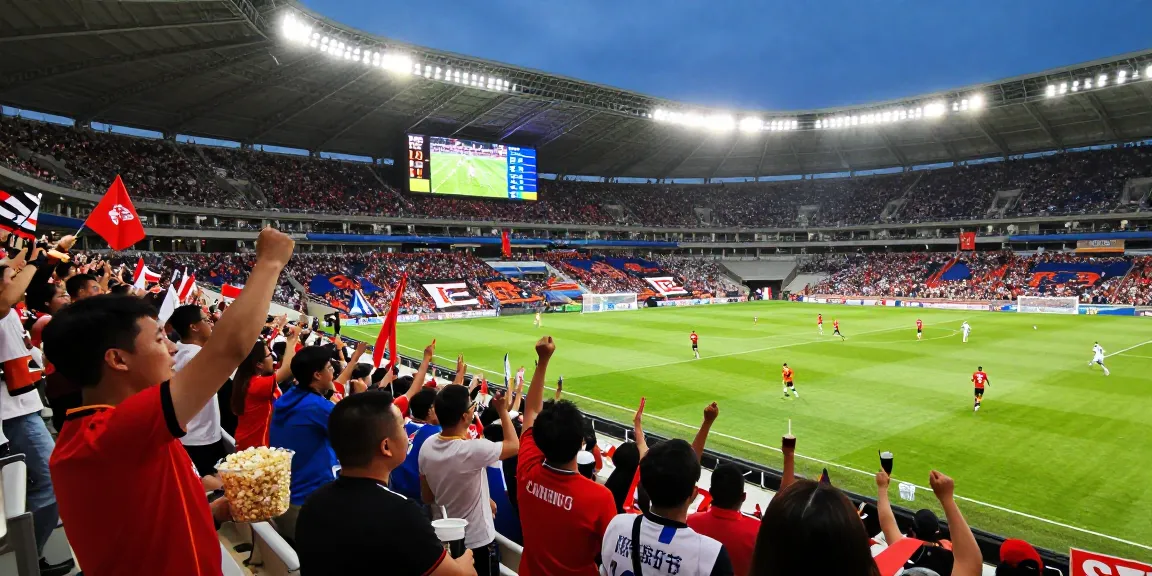 Fans celebrating مباريات اليوم during a live football match in a stadium filled with excitement.