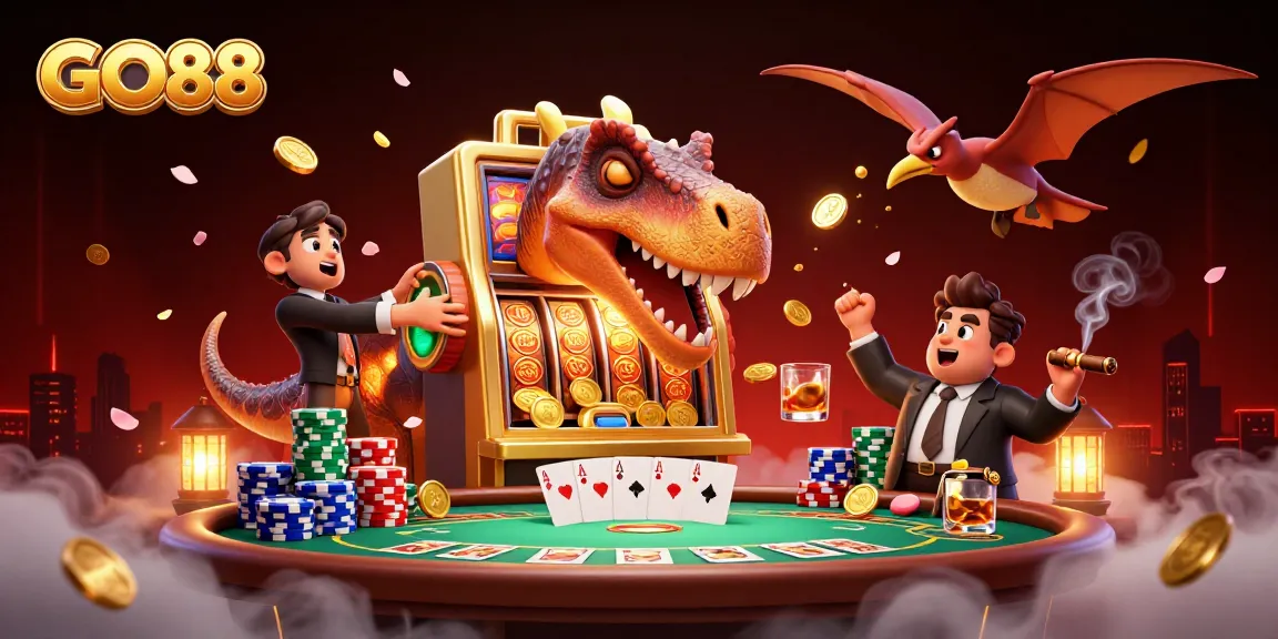 GO88 casino scene with a pachycephalosaurus winning a jackpot at a slot machine.
