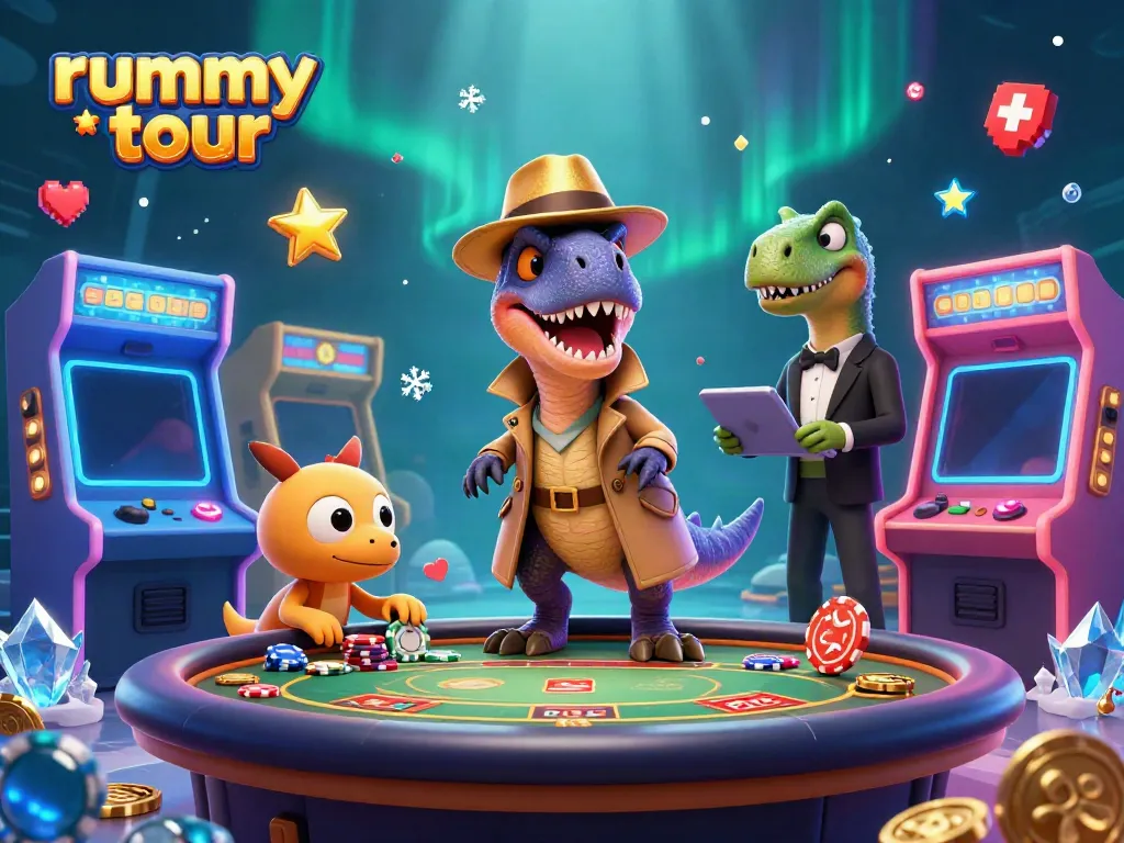 Jelajahi rummy tour dengan karakter unik di meja blackjack, dikelilingi elemen game 3D yang memikat.