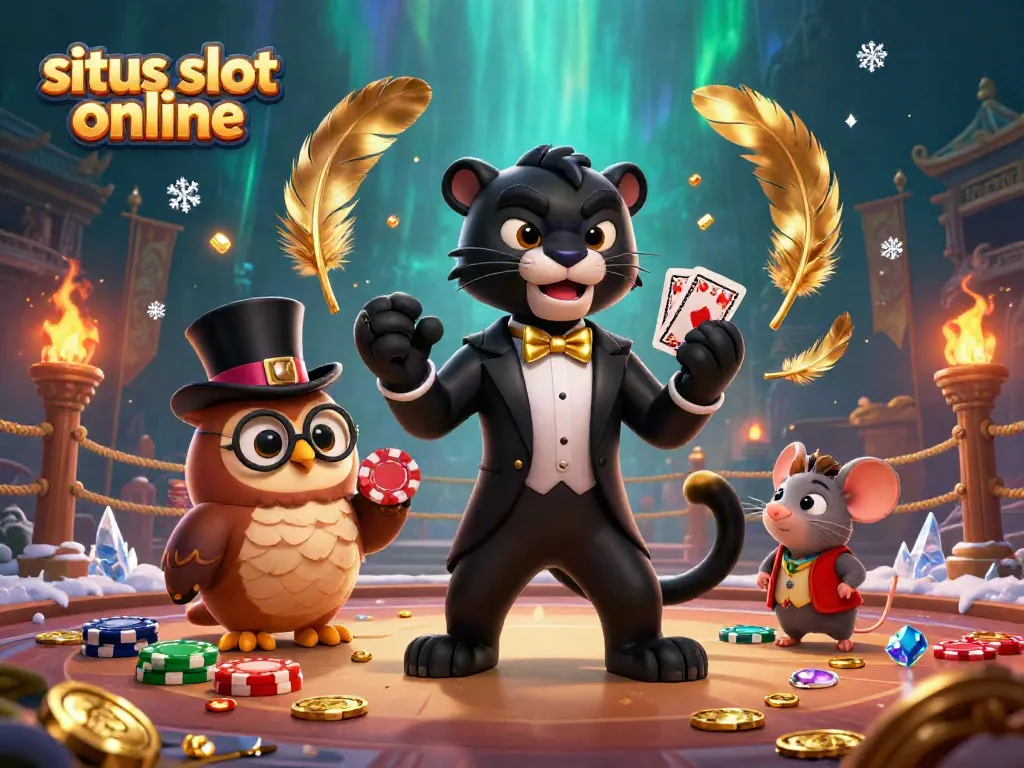 Menang di situs slot online dengan panther bergaya memperlihatkan kartu dan teman-temannya.