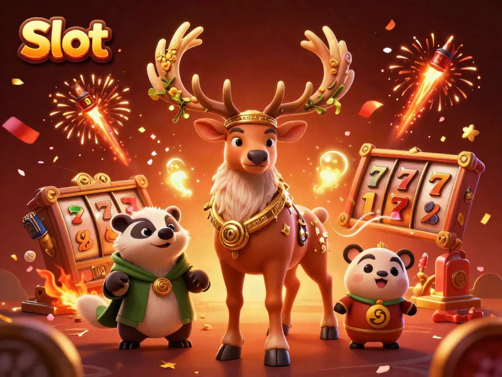 Jackpot Slot menakjubkan dengan simbol keberuntungan dan suasana warna-warni dari permainan kasino.