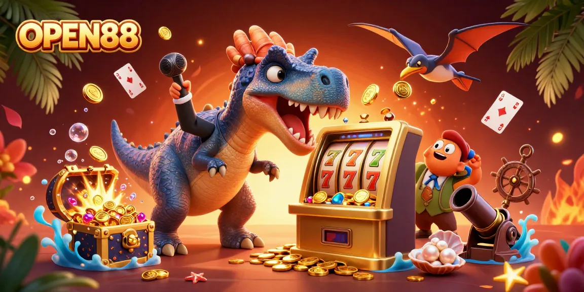 Engage in exhilarating gaming at OPEN88 as colorful coins rain down from a jackpot-winning slot machine.