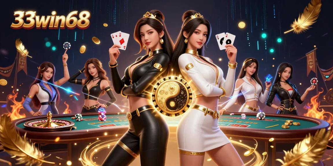 Engage with the dynamic casino scene featuring 33win68's twin characters showcasing poker skills.