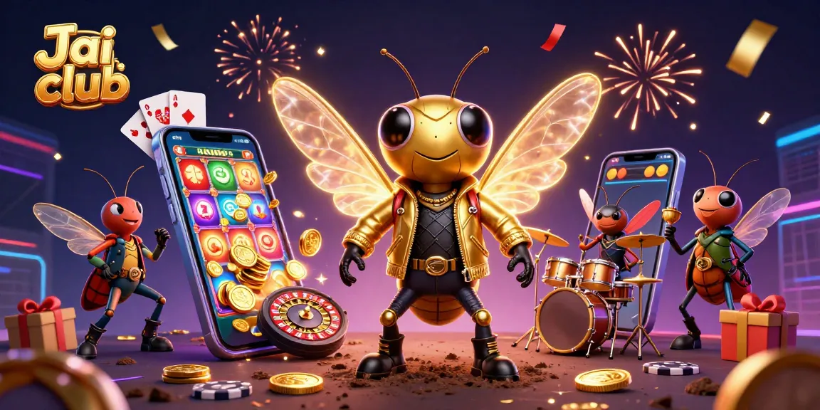 Experience thrilling gaming at Jai club with an electric cicada rock star and vibrant casino elements.