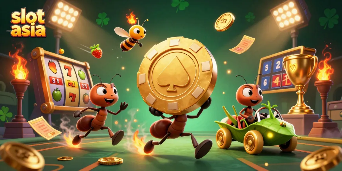 Slot Asia menghadirkan tim semut lucu yang mengangkut chip poker emas raksasa dengan elemen judi yang mengelilingi mereka.