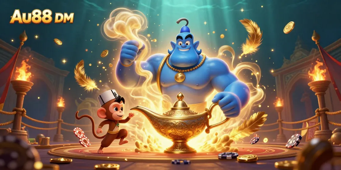 Experience thrilling gameplay with Au88 DM, featuring a genie, monkey and poker chips.