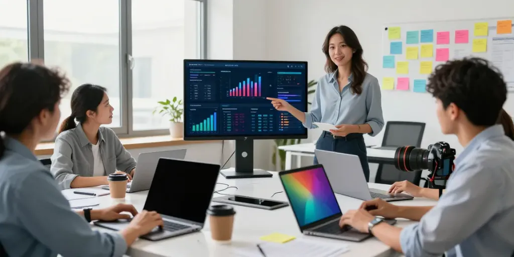 Engaging digital marketing team collaboration scene showcasing sabi4d strategies and analytics.