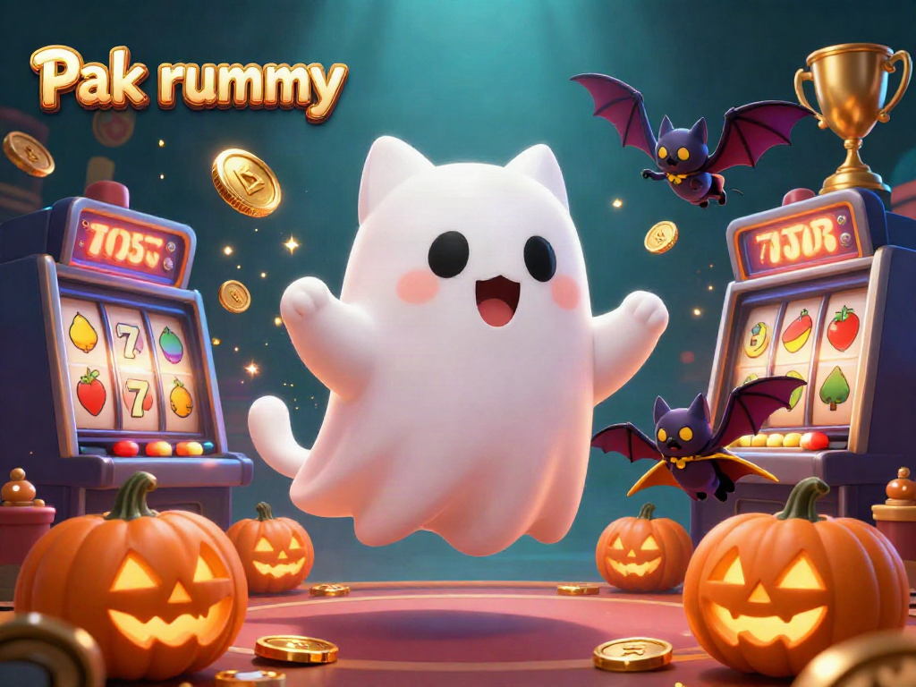 Engage with Pak rummy in a lively casino scene featuring a ghost cat and vampire bat among glowing jack-o-lanterns.