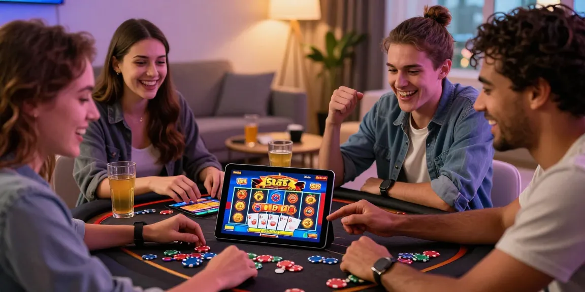 Playing Slots PK app in a lively room with friends showcasing exciting games and rewards.