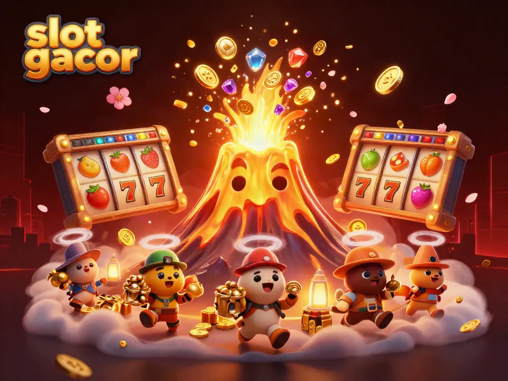 Slot gacor menampilkan gunung berapi emas yang megah mengeluarkan koin dan harta harta berharga.