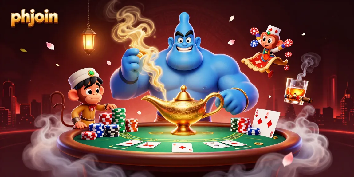 Engage with exciting gambling adventures at phjoin, featuring a vibrant scene with a genie and poker elements.