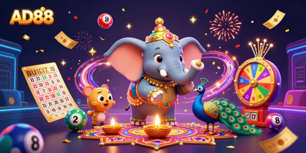Experience thrilling wins at AD88 with vibrant lottery balls and festive characters in a rich casino scene.